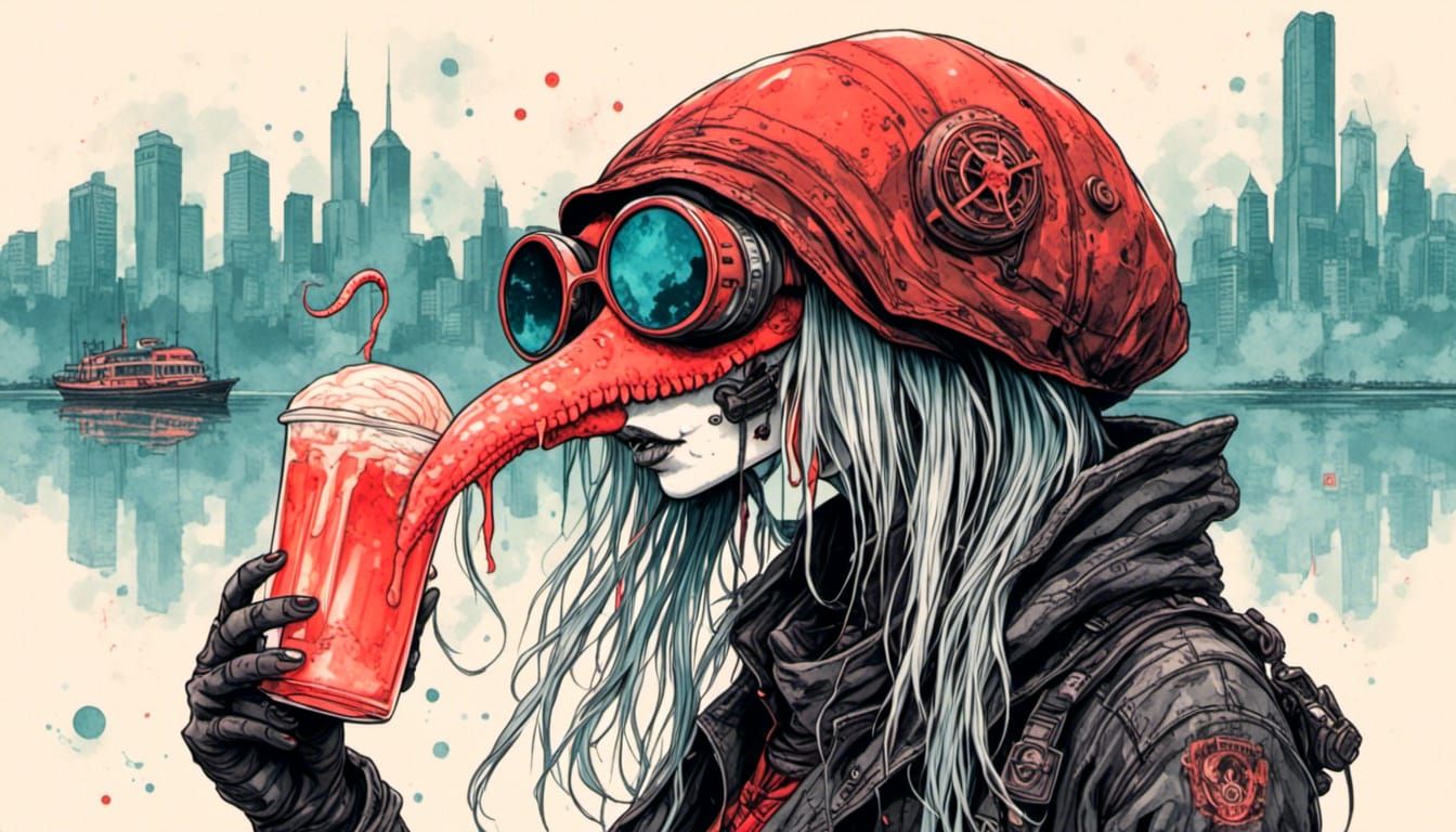 Cyberpunk Girl in Plague Mask with Burning Skyline