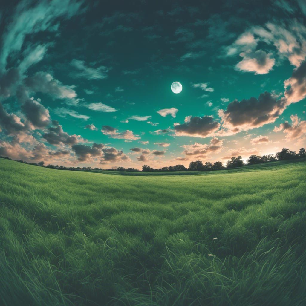 Teal Night Sky Over Grassy Field, Ghibli Style