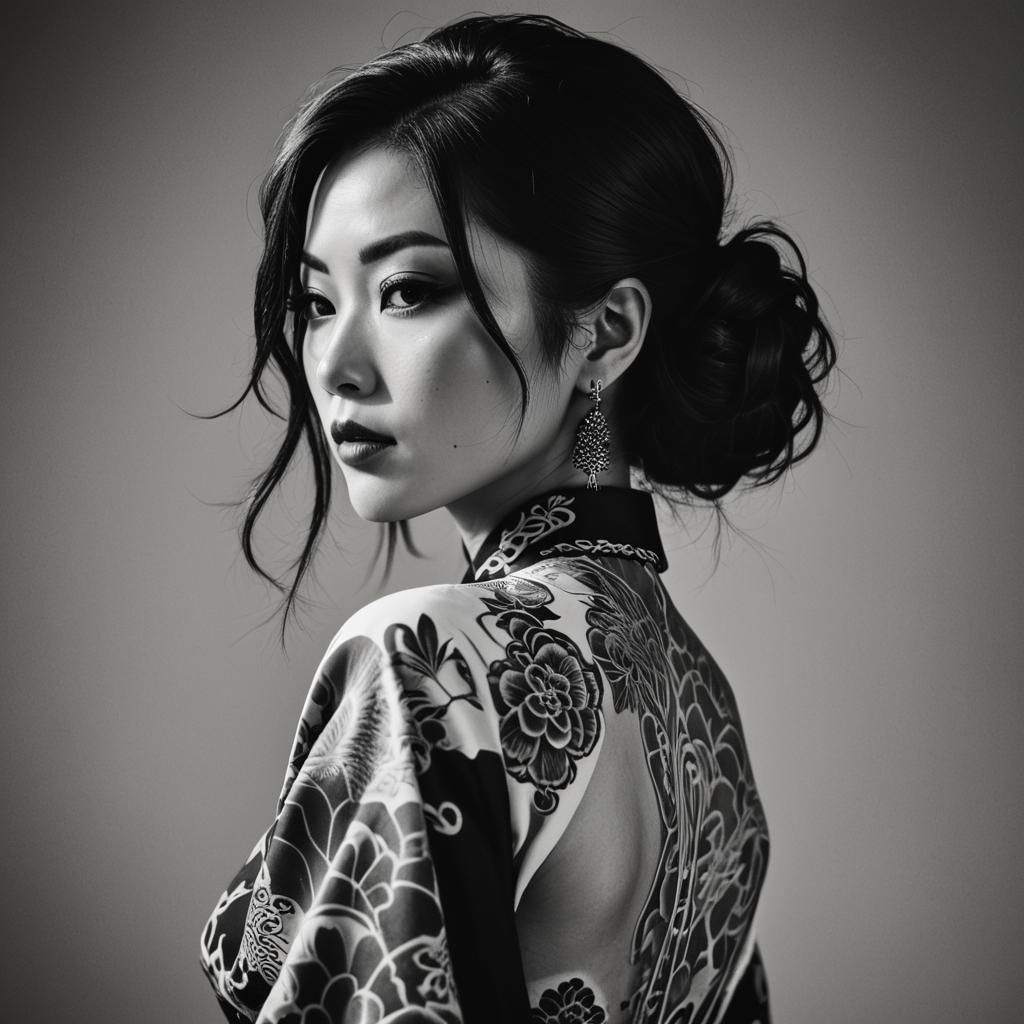 Film Noir Portrait of Tattooed Japanese Model