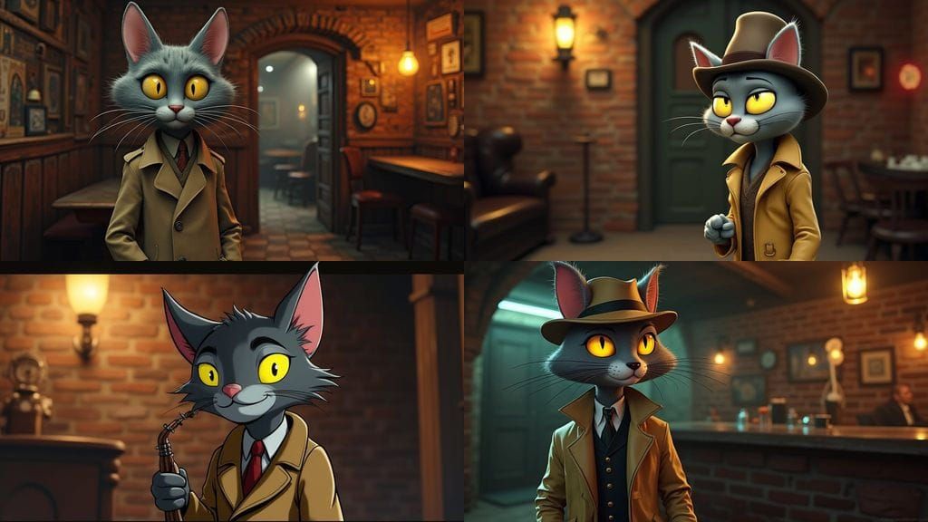 Cartoon Cat Detective in 1930s Jazz Club