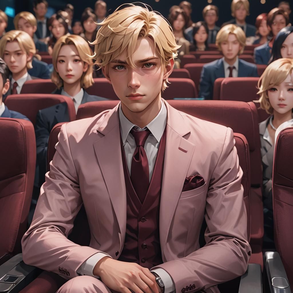 Anime Style Man in Burgundy Suit at Movies