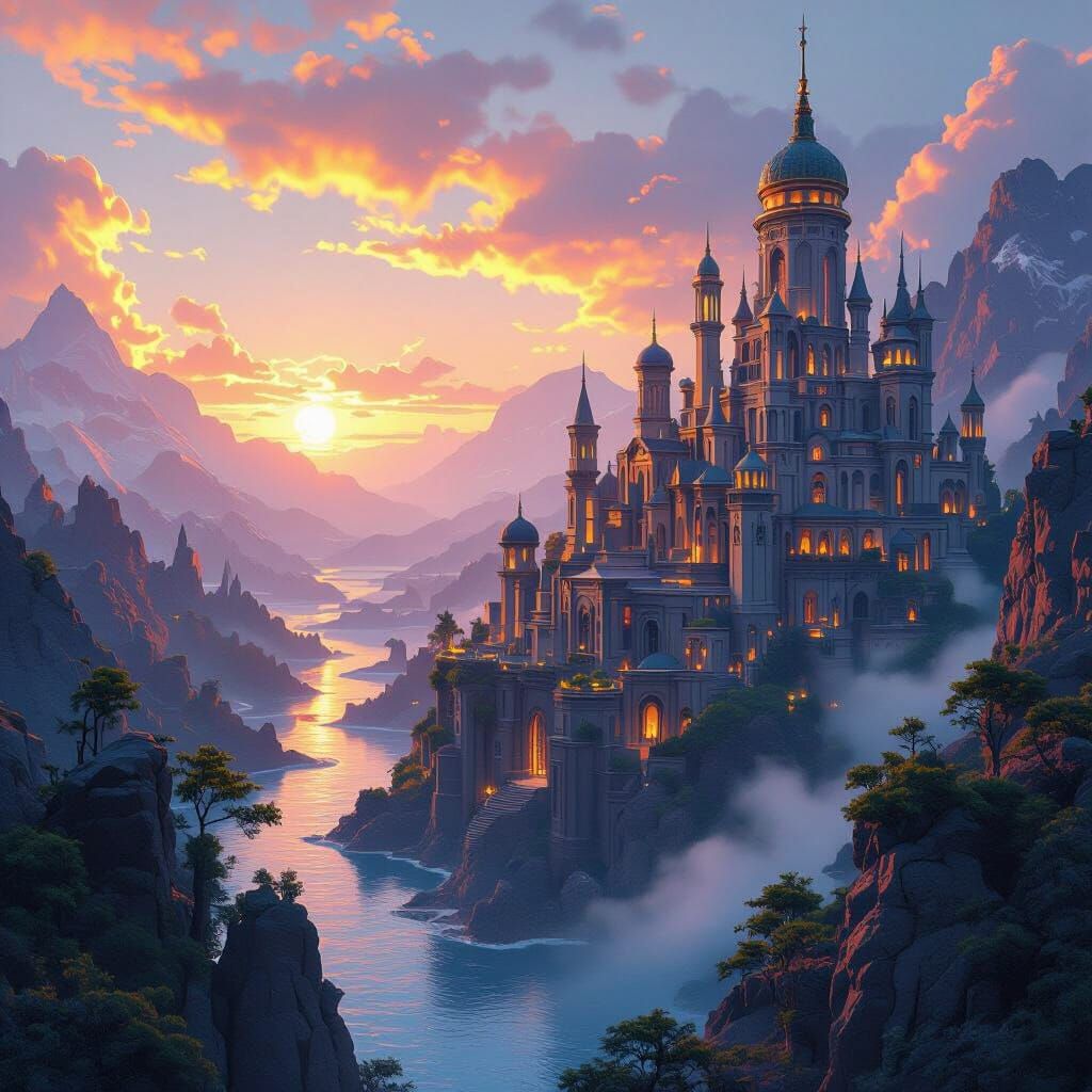 Mystical Fantasy Landscape with Intricate Architecture
