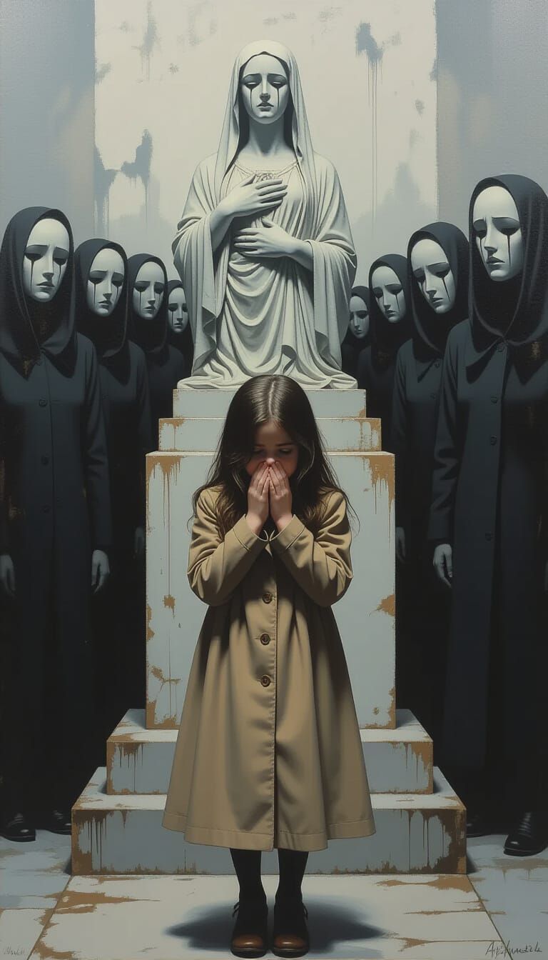 Surrealist Oil Painting of Girl Crying Before Statue