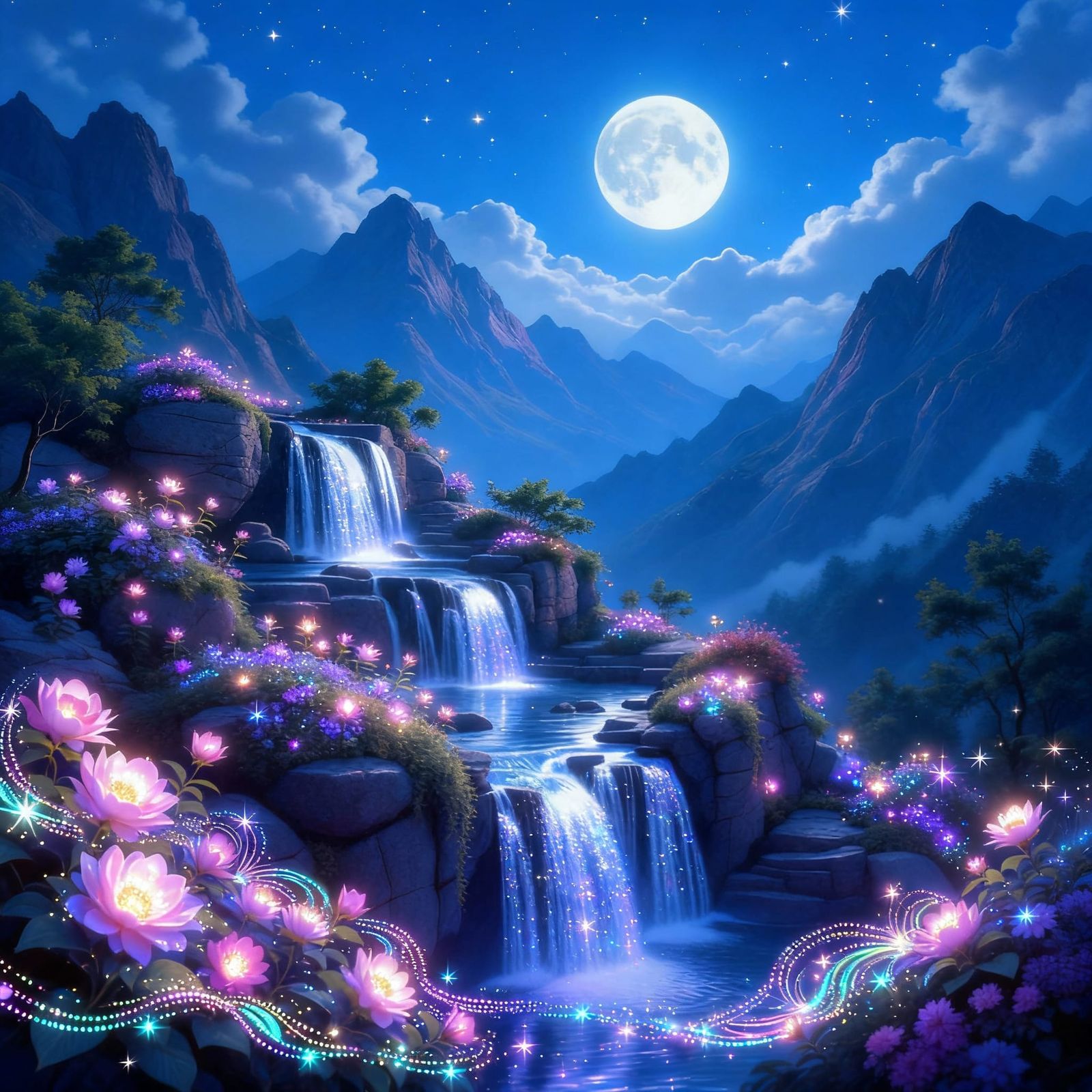 Magical Moonlight Garden on a Mountain Peak