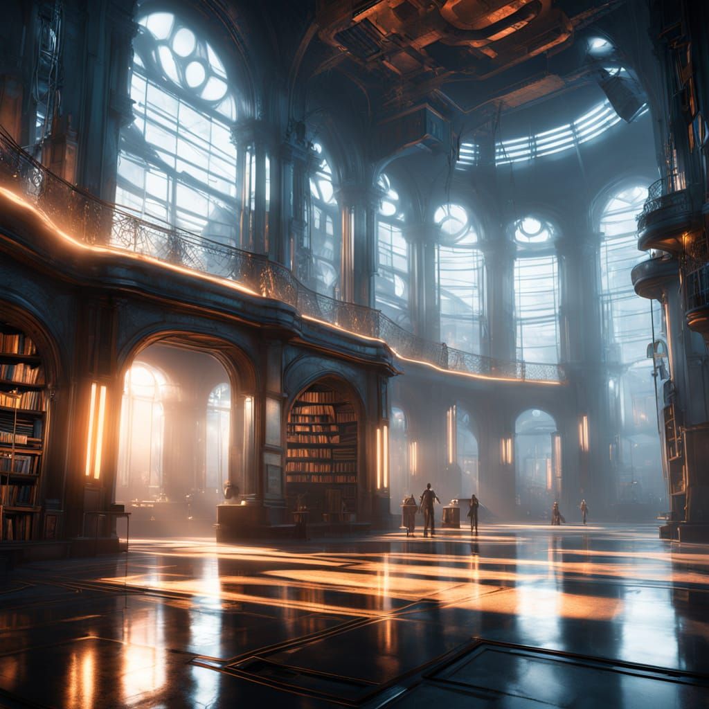 A futuristic library with glowing shelves and digital books.