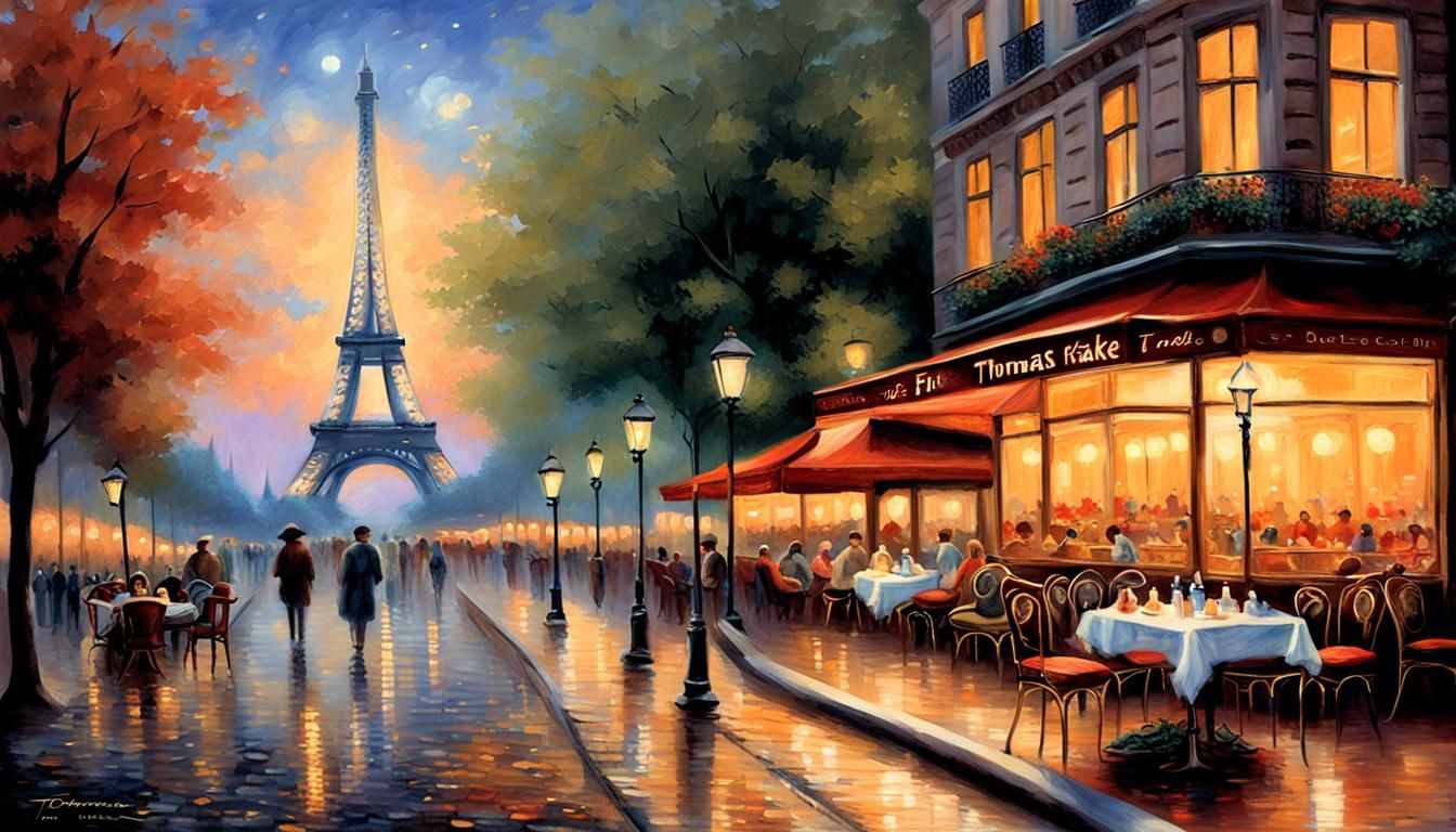 Parisian Cafe at Night in Luminist Style