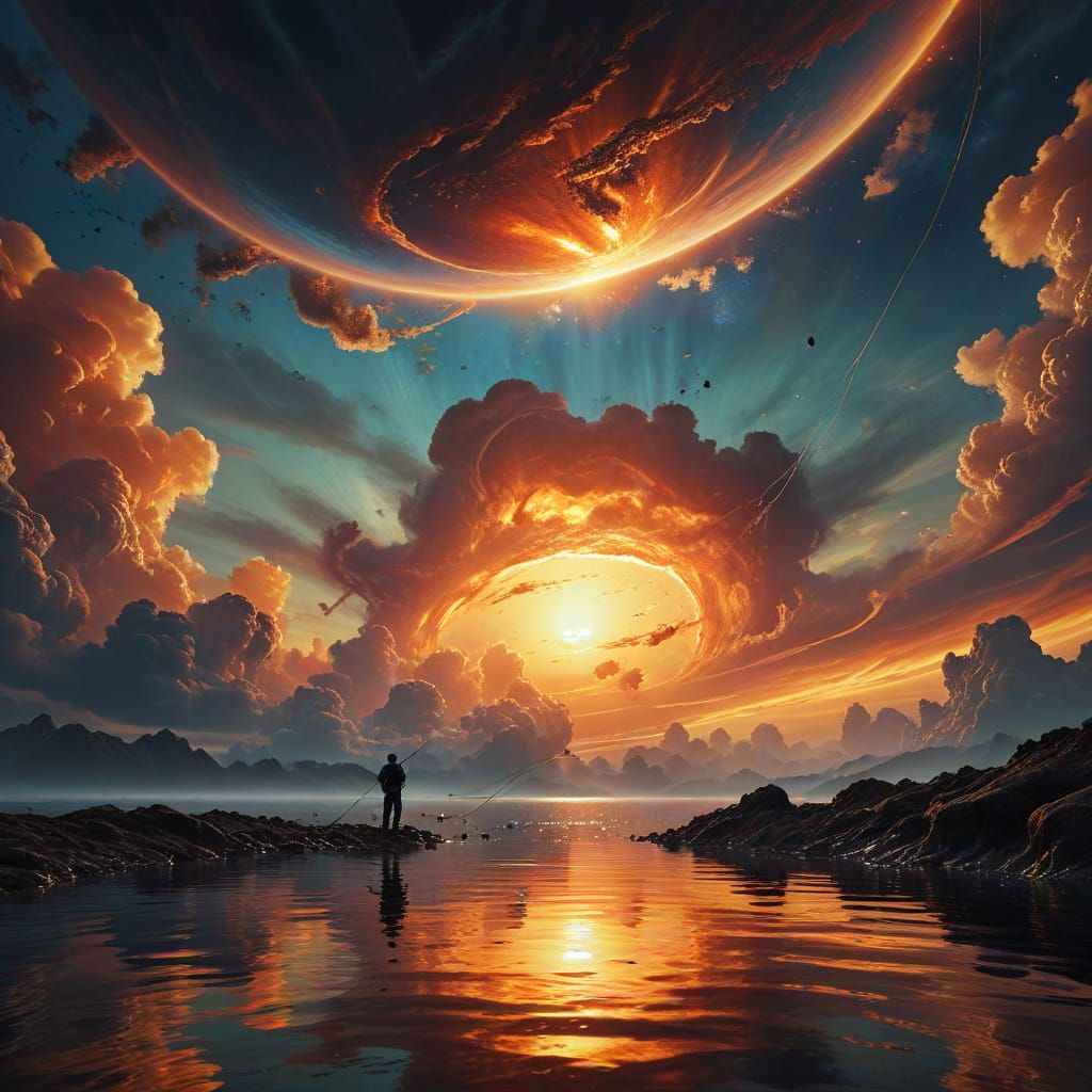 Surreal Fisherman in Cosmic Waters, Casting Line Above Gas G...