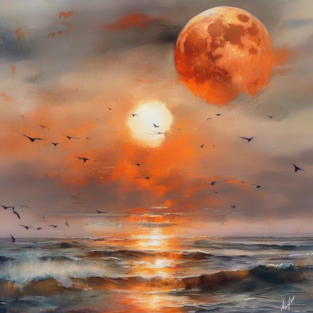 Surreal Blood Moons Over Ocean: Digital Art