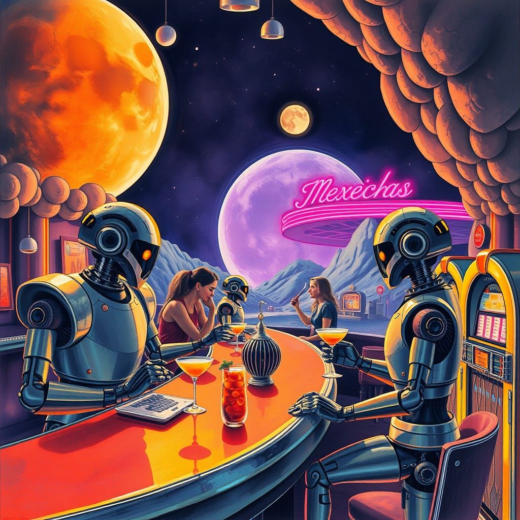 Retro-Futuristic Lunar Speakeasy with Robotic Bartenders