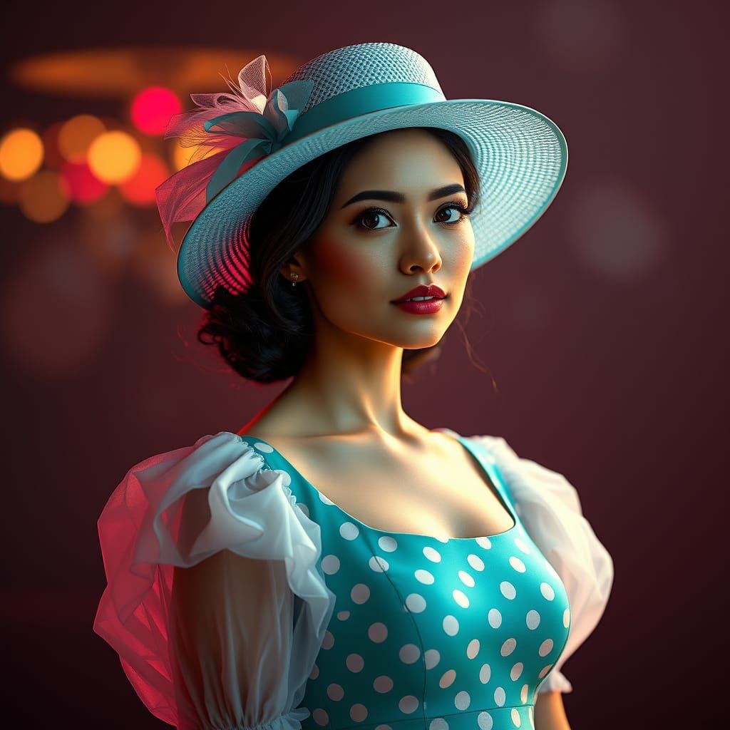Woman in Teal Polka Dot Dress, Hyperdetailed Lighting