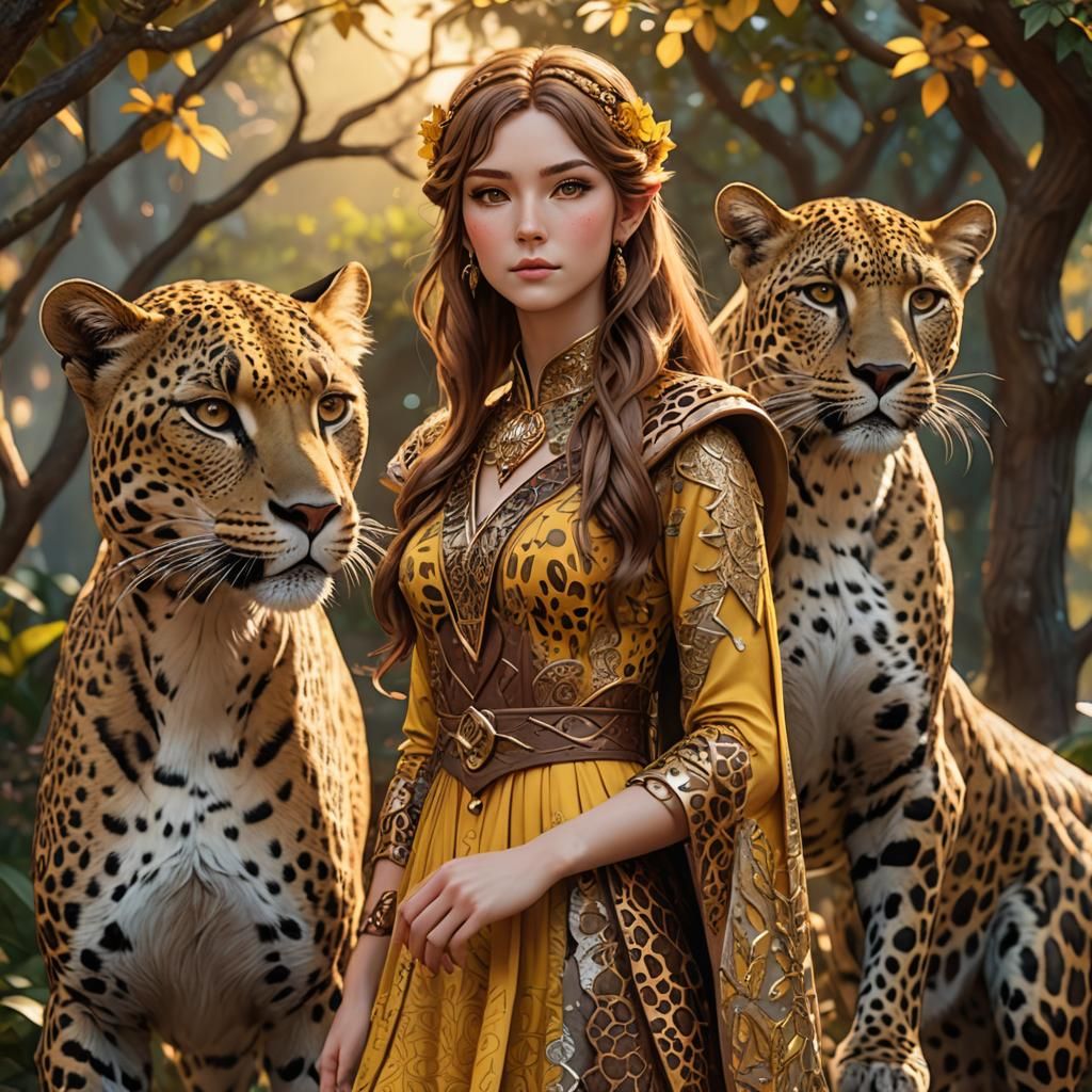 Anime Elven Woman with Leopard in 3D Art