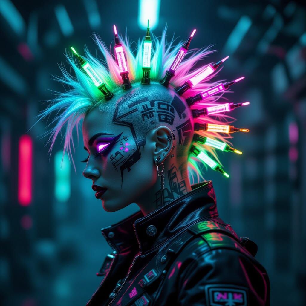 Biopunk Rebel with Glowing Syringe Mohawk in Cyberpunk Style
