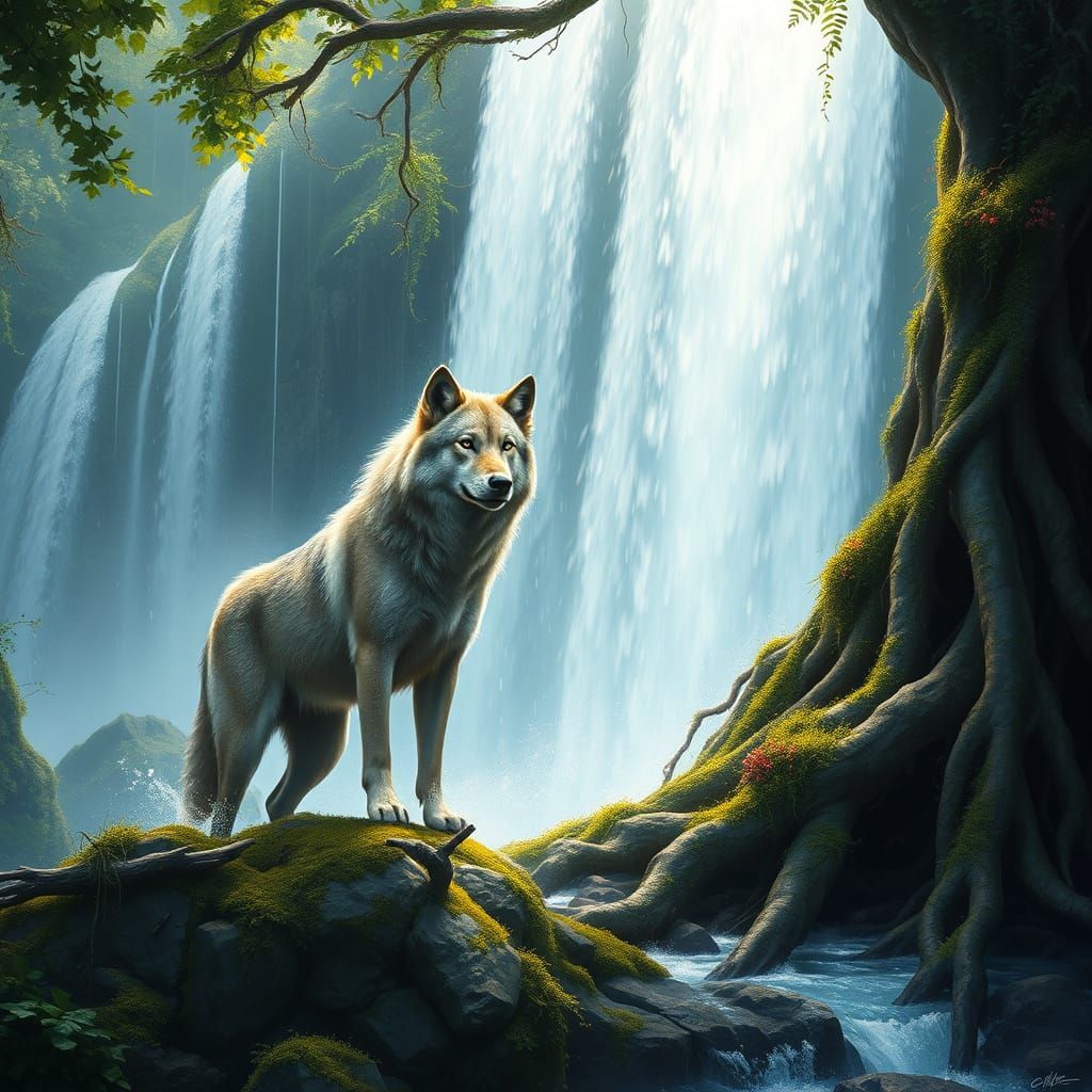Majestic Wolf Amidst Lush Waterfall Oasis