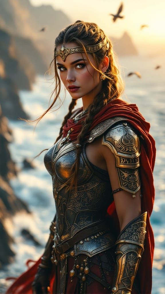 Warrior Maiden in Golden Armor Stands on Windswept Cliff