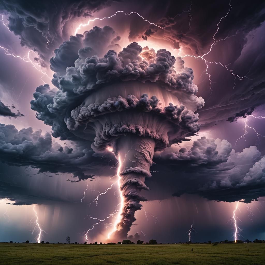Surreal Tornado Amidst Dark Clouds and Rainbow
