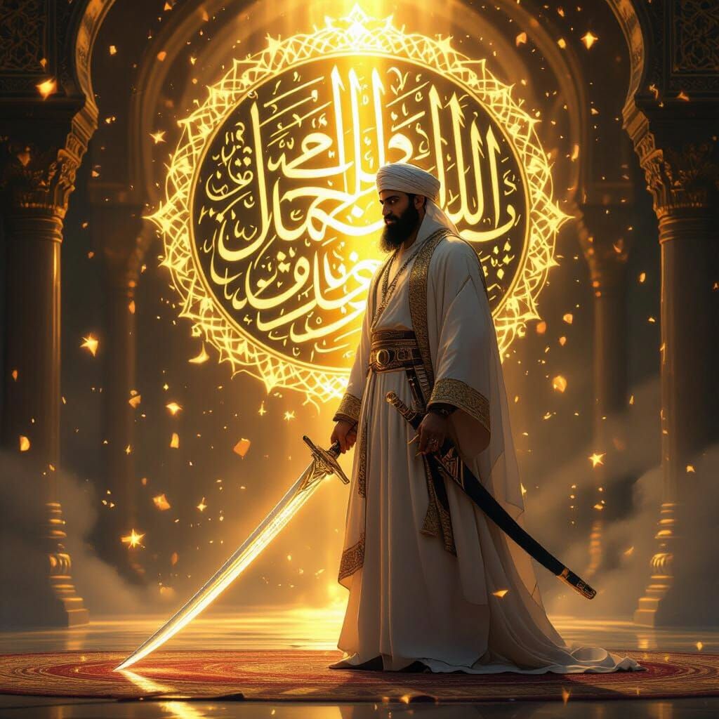 Imam Ali With Zulfiqar Under Golden Light