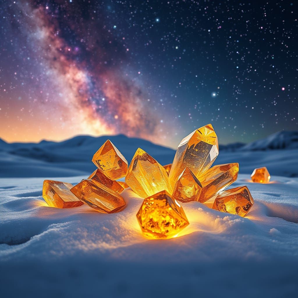 Multiple pyrite crystals on the snow, magic cosmic night.