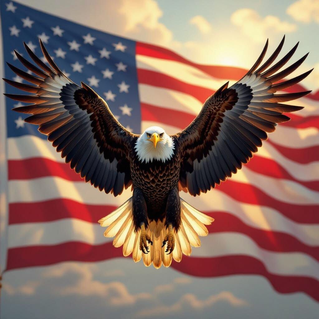 Majestic Bald Eagle Over Waving American Flag
