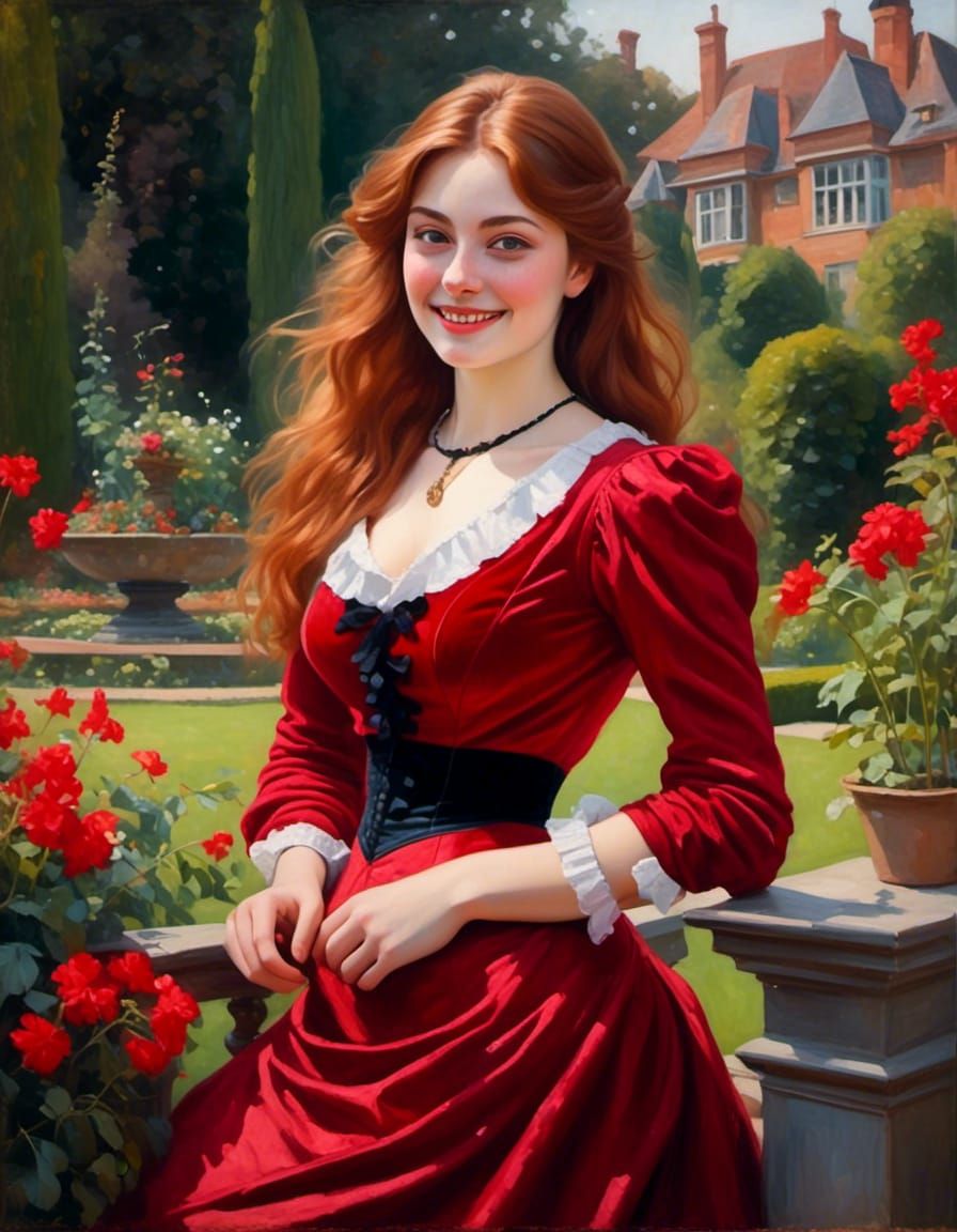 Victorian Woman in Red Velvet in Joyful Garden