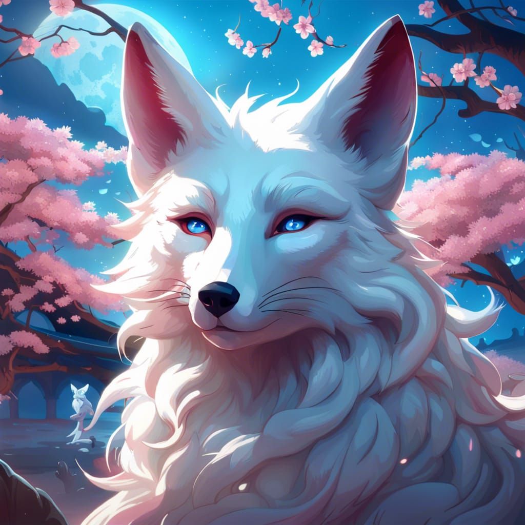 Magical White Fox Portrait with Cherry Blossoms