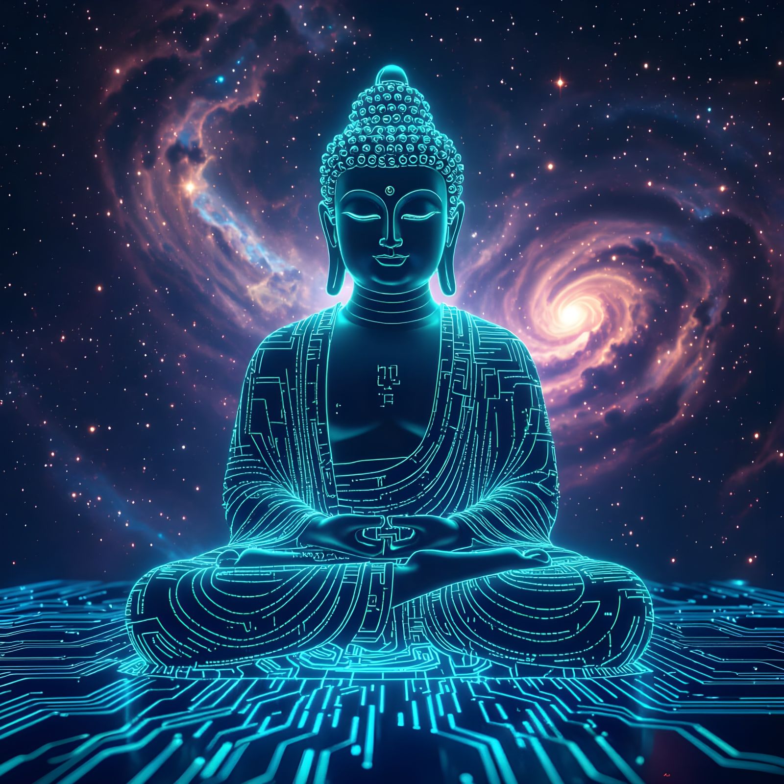 Cosmic Buddha Made of Code in Hyperrealistic Style