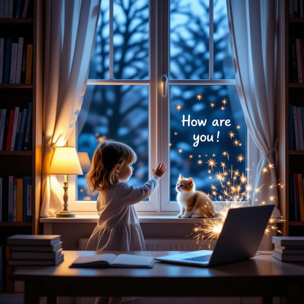 Little Girl With Kitten In Cozy Children's Room