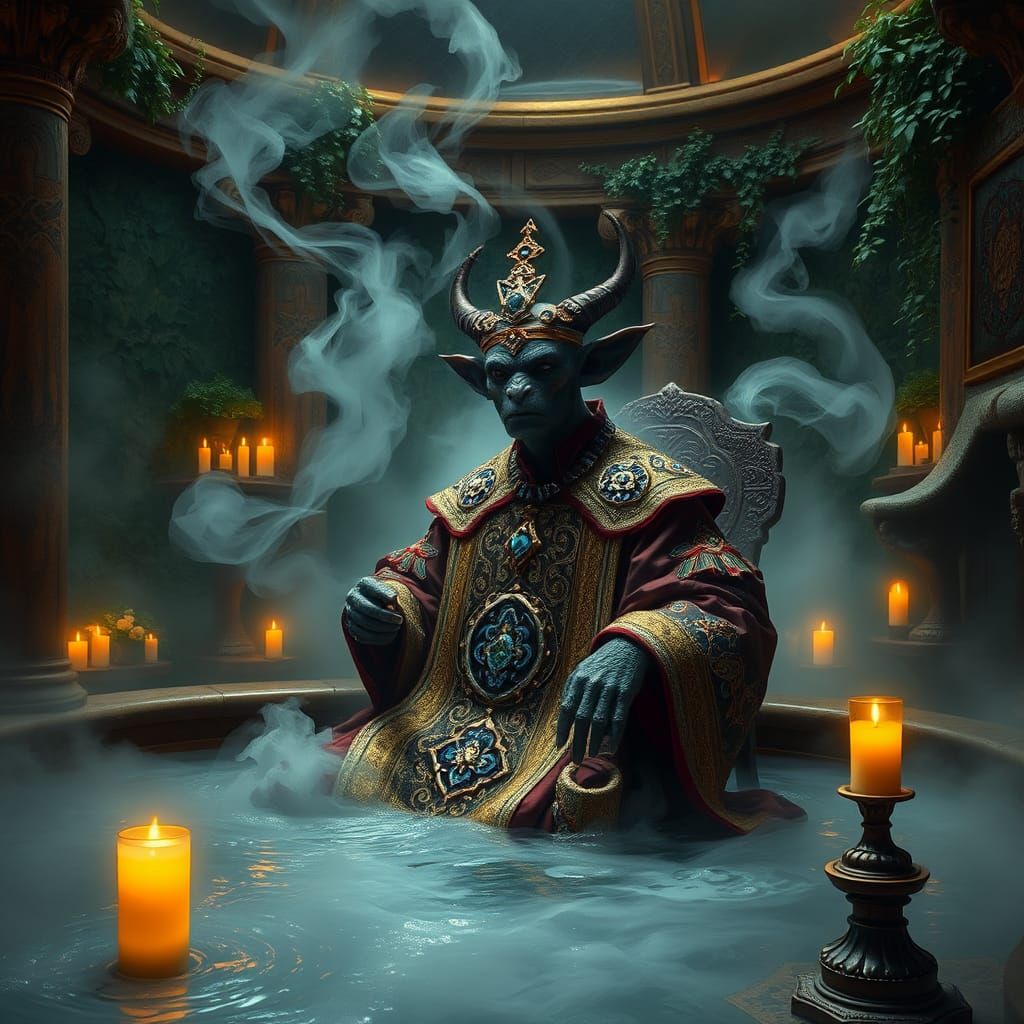 Tiefling Judge in a Lavish Surrealist Bathhouse