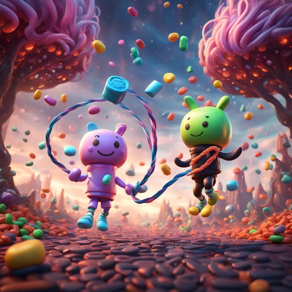 Marshmallow and Jellybean Play Jump Rope, Detailed Matte Pai...