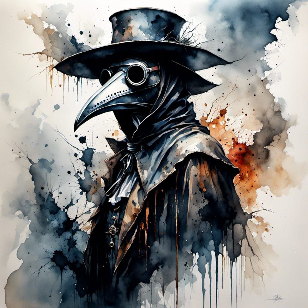 Watercolor Plague Doctor in Horror Film Style