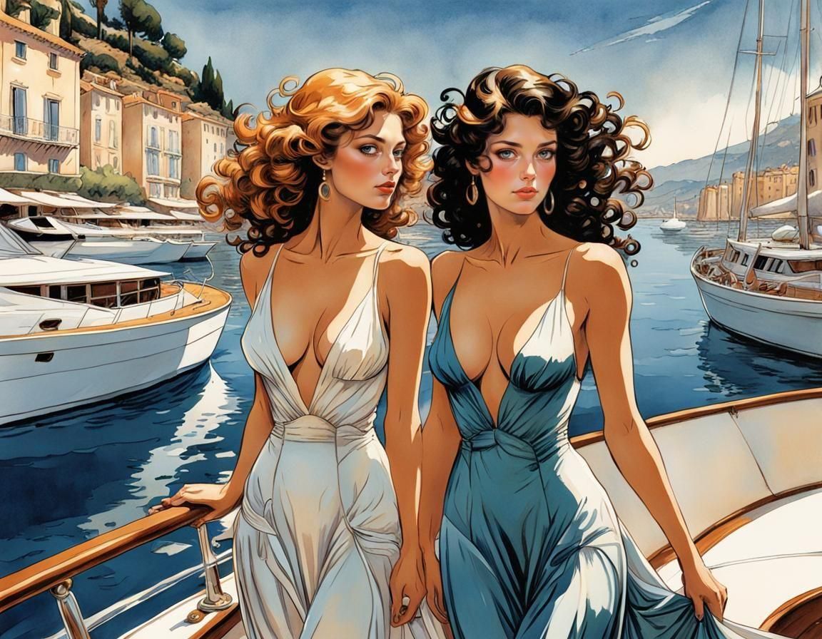 Yacht Girls on the Riviera in Comic Book Style
