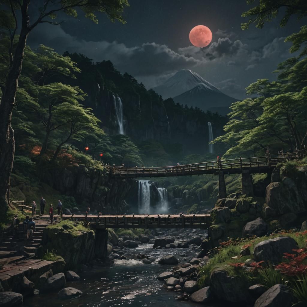 Hyperrealistic Night Scene with Mt. Fuji and Red Moon