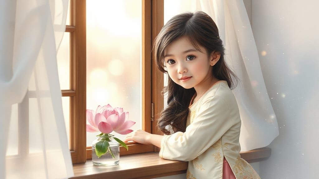 Dreamy Watercolor of Chinese Girl by Window