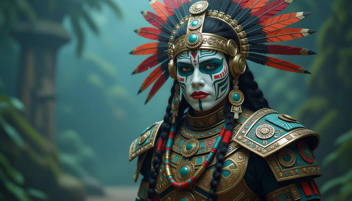 Aztec Warrior in Steampunk Armor, Mystical Backdrop