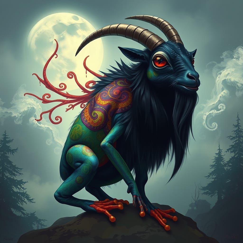 Mystical Goat-Frog in Tropical Moonlight