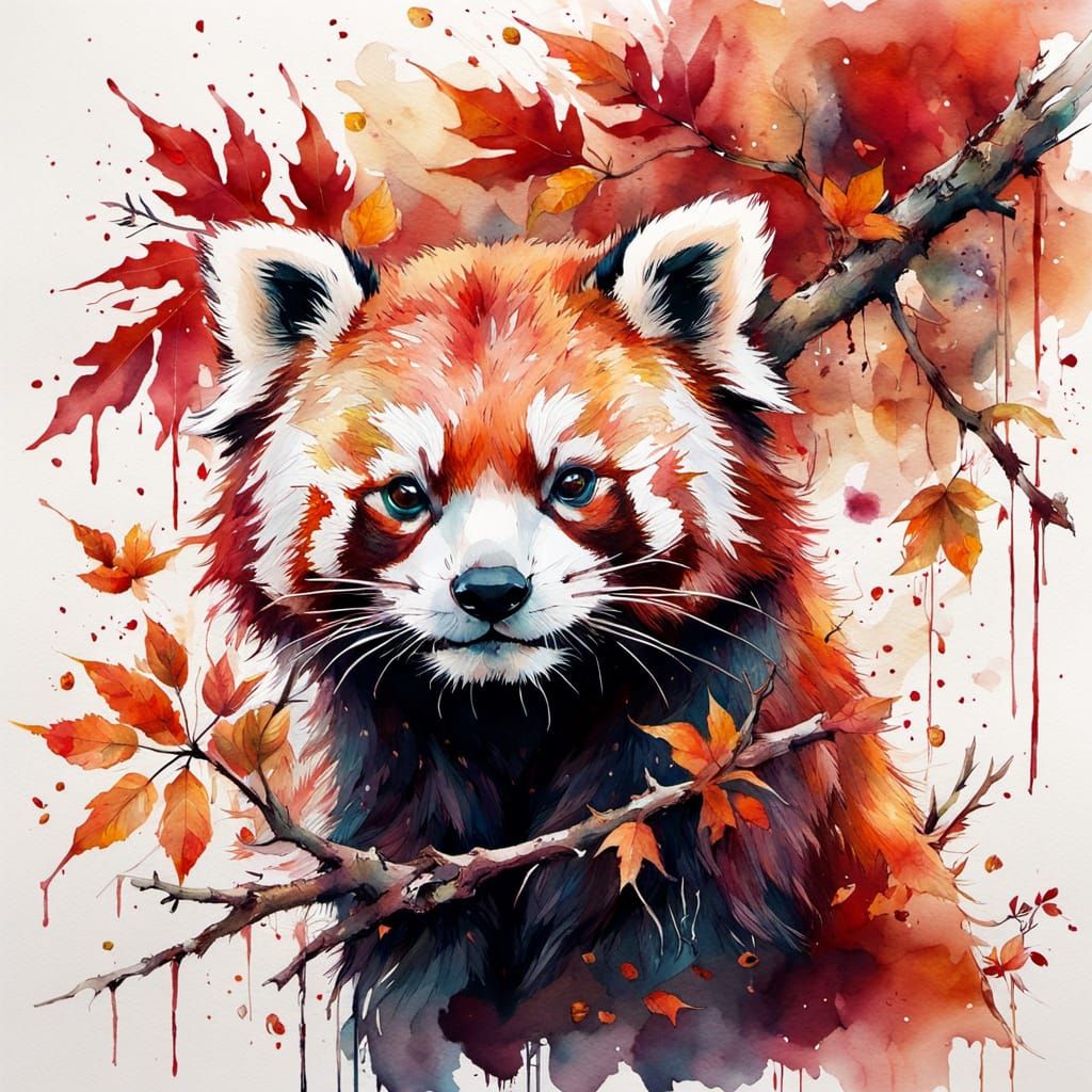 Red Panda on Autumn Branch in Watercolour Style
