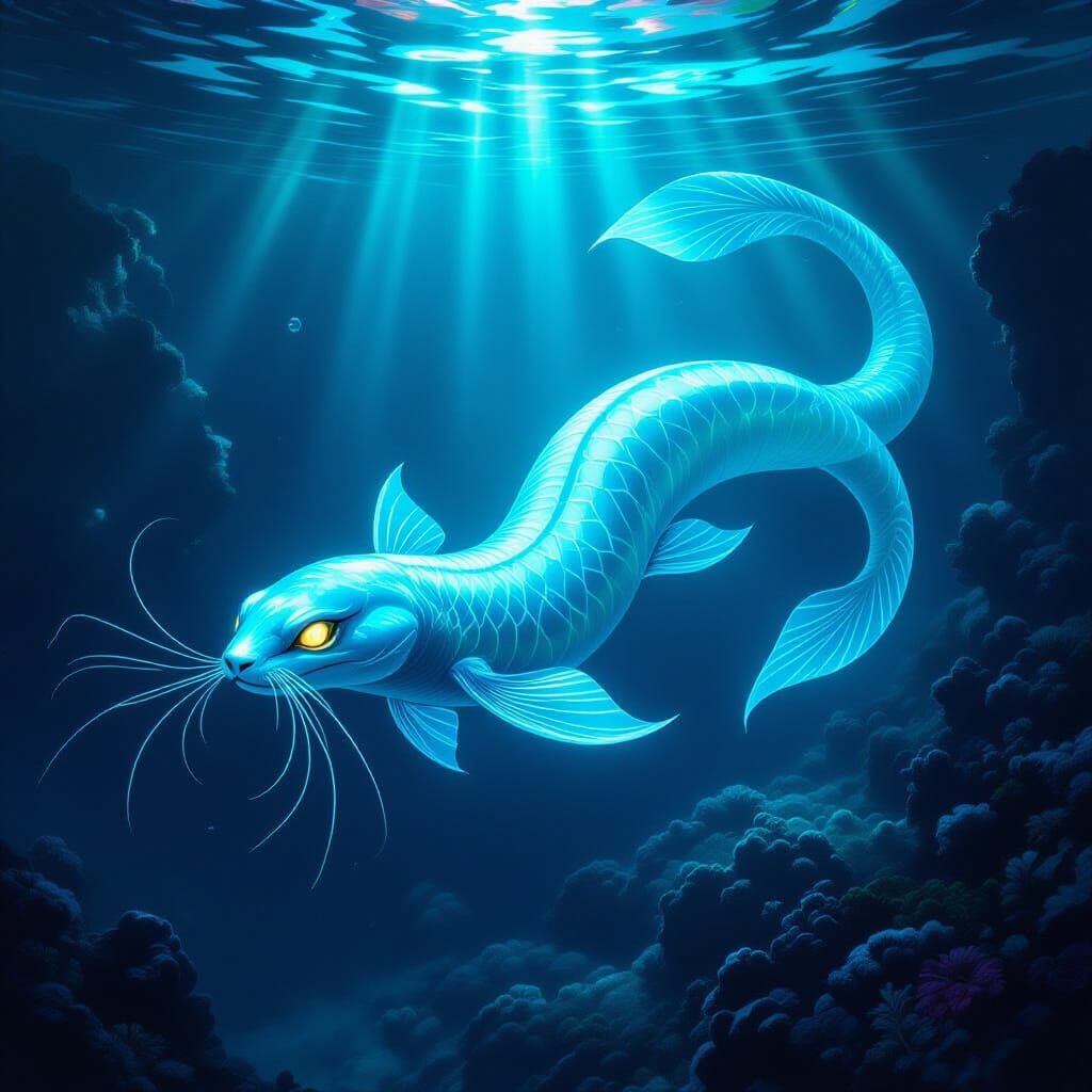 Bioluminescent Eel-Cat Swims Through Phosphorescent Trench