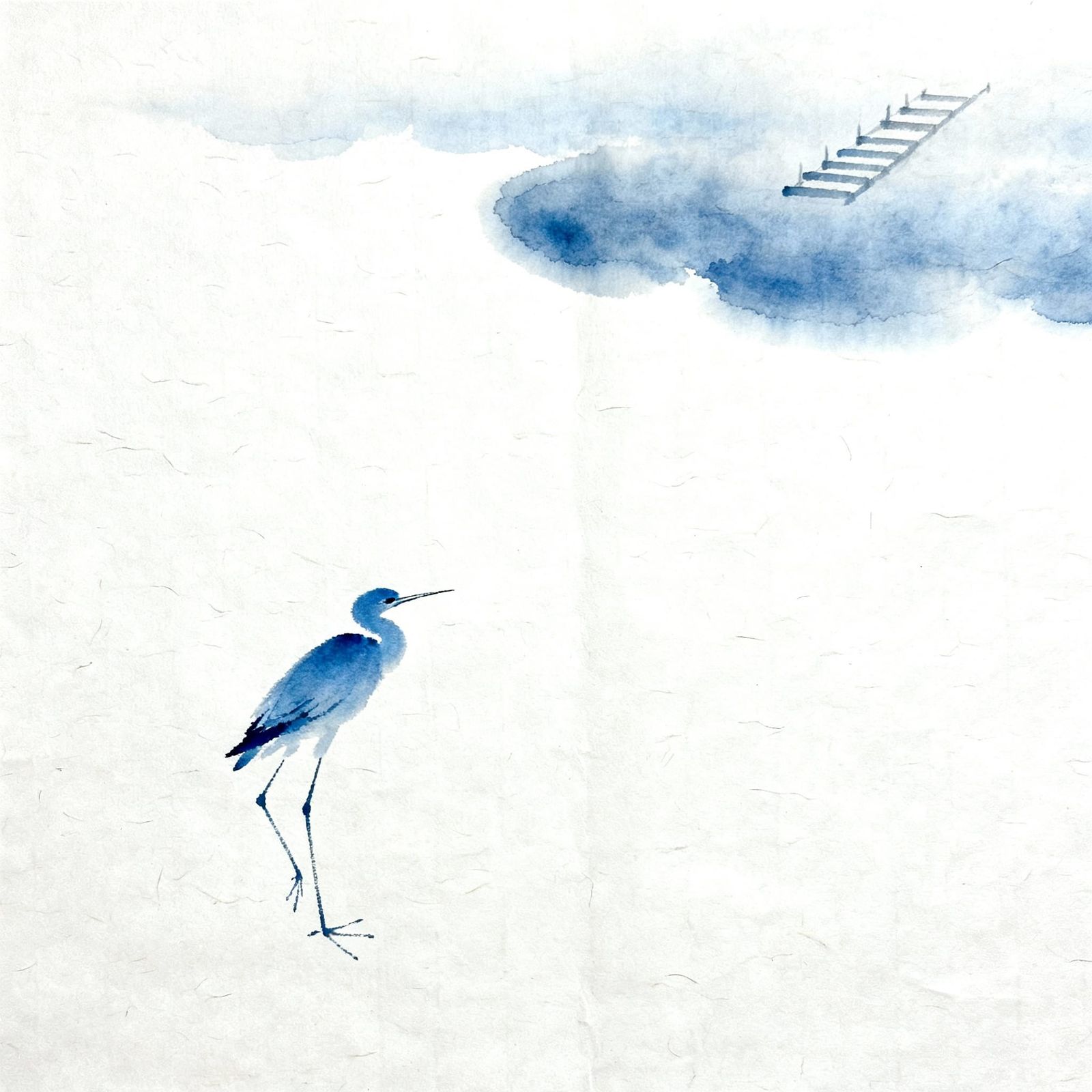 Minimalist Blue Bird Ink Wash Painting