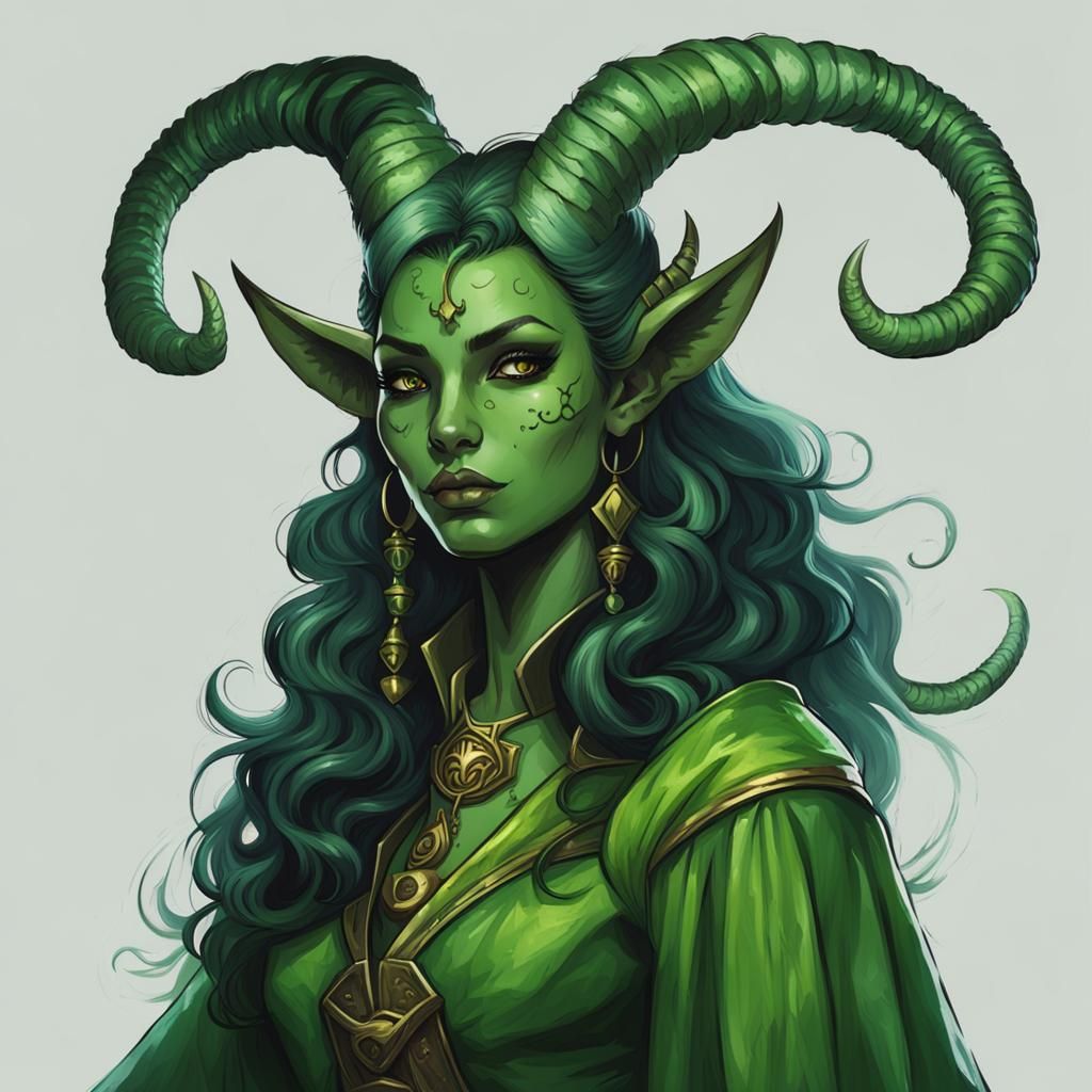 Green Tiefling Sorceress with Horns: Fantasy Portrait