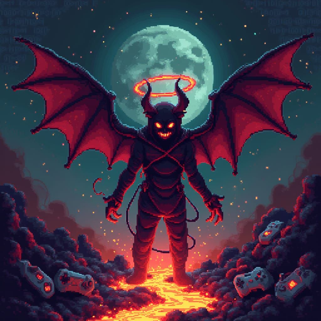 Demonic Pixel Art 'G' in Cyber-Hell Landscape
