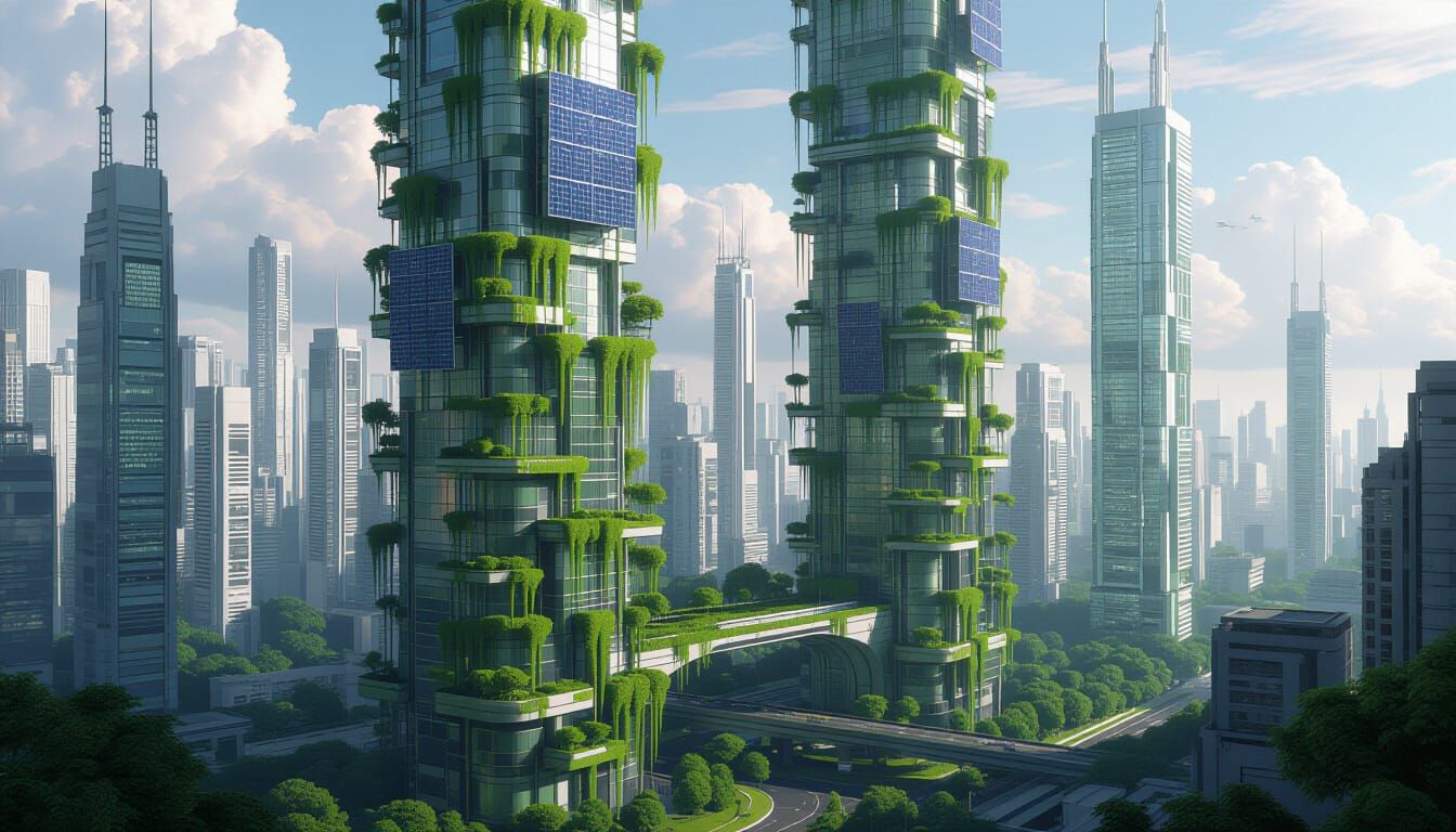Futuristic Eco-City with Lush Greenery and Solar Panels