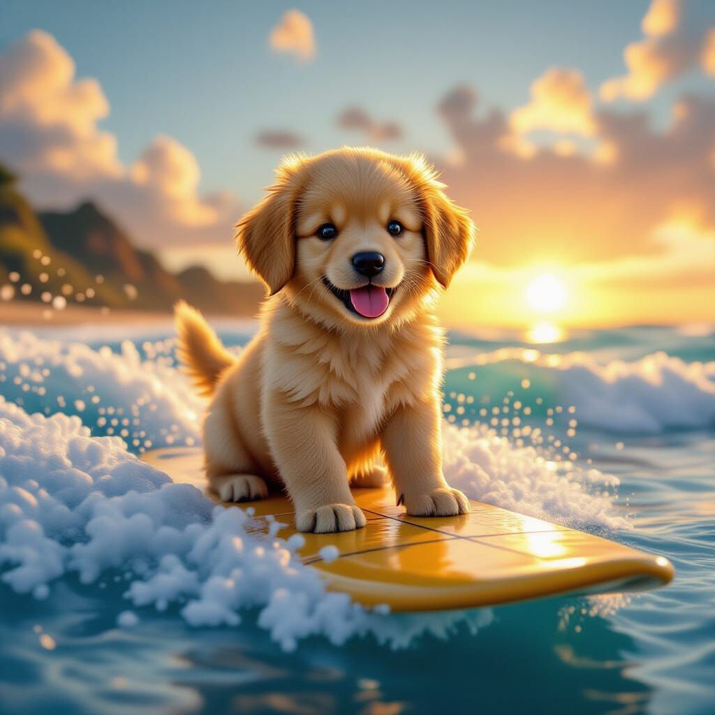 Golden Retriever Puppy Surfing at Sunset in Digital Matte Pa...