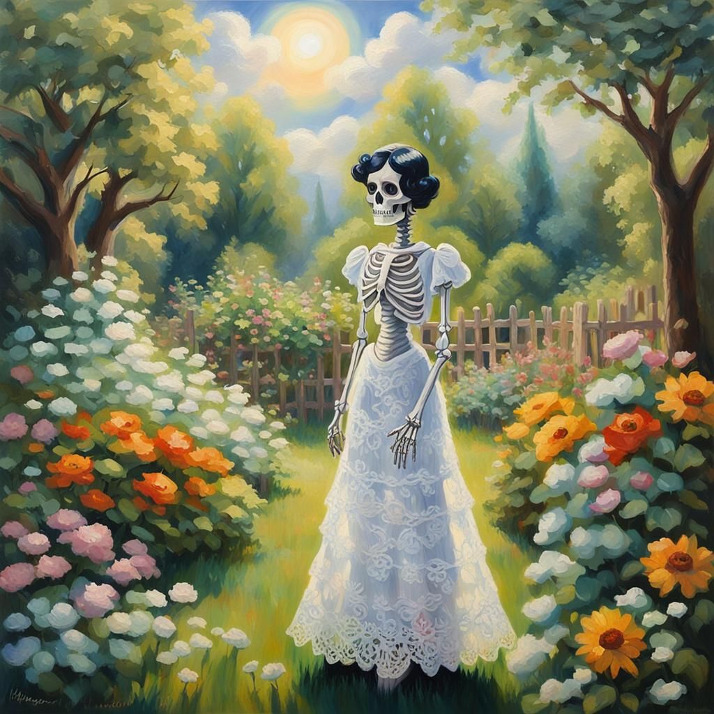 Betty Boop Skeleton in Garden, Rocco Style