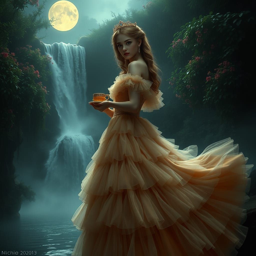 Victorian Princess at Moonlit Waterfall