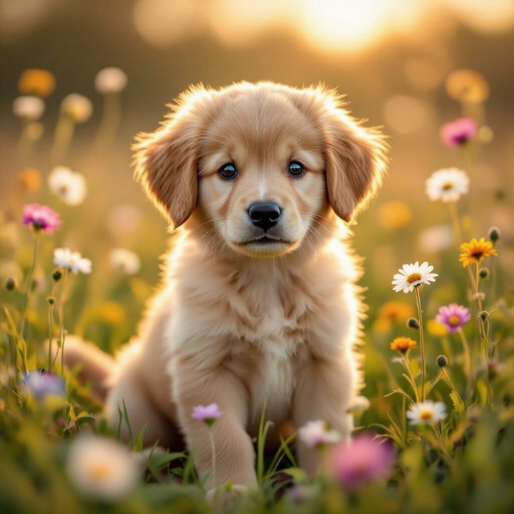 Fluffy Golden Retriever Puppy in Wildflower Meadow