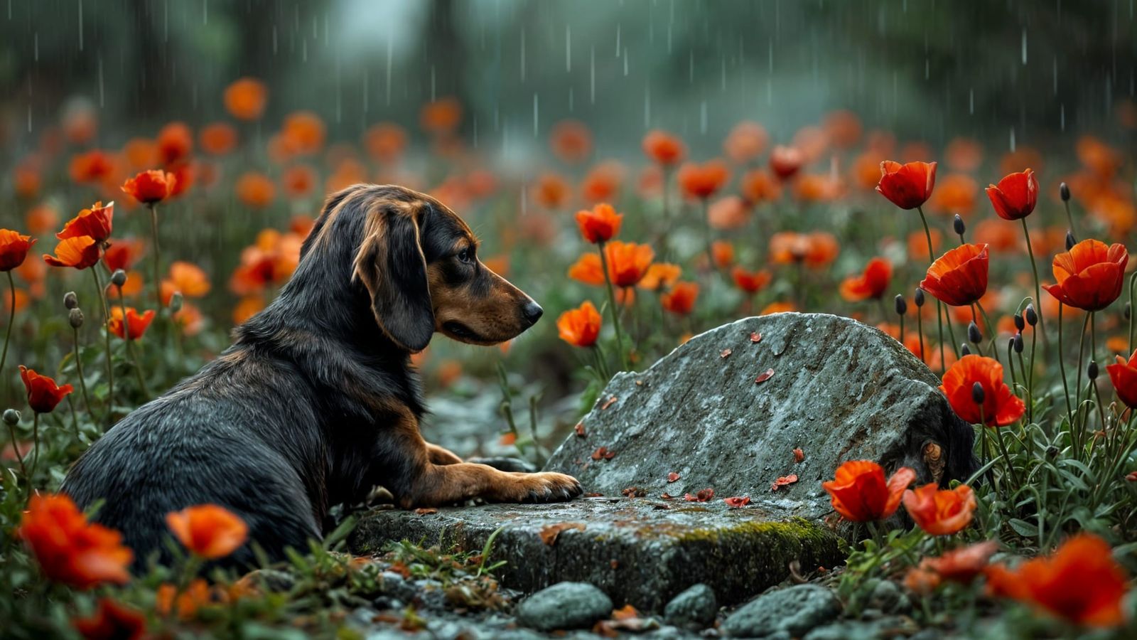 Sad Dachshund at Tombstone in Rainy Scene