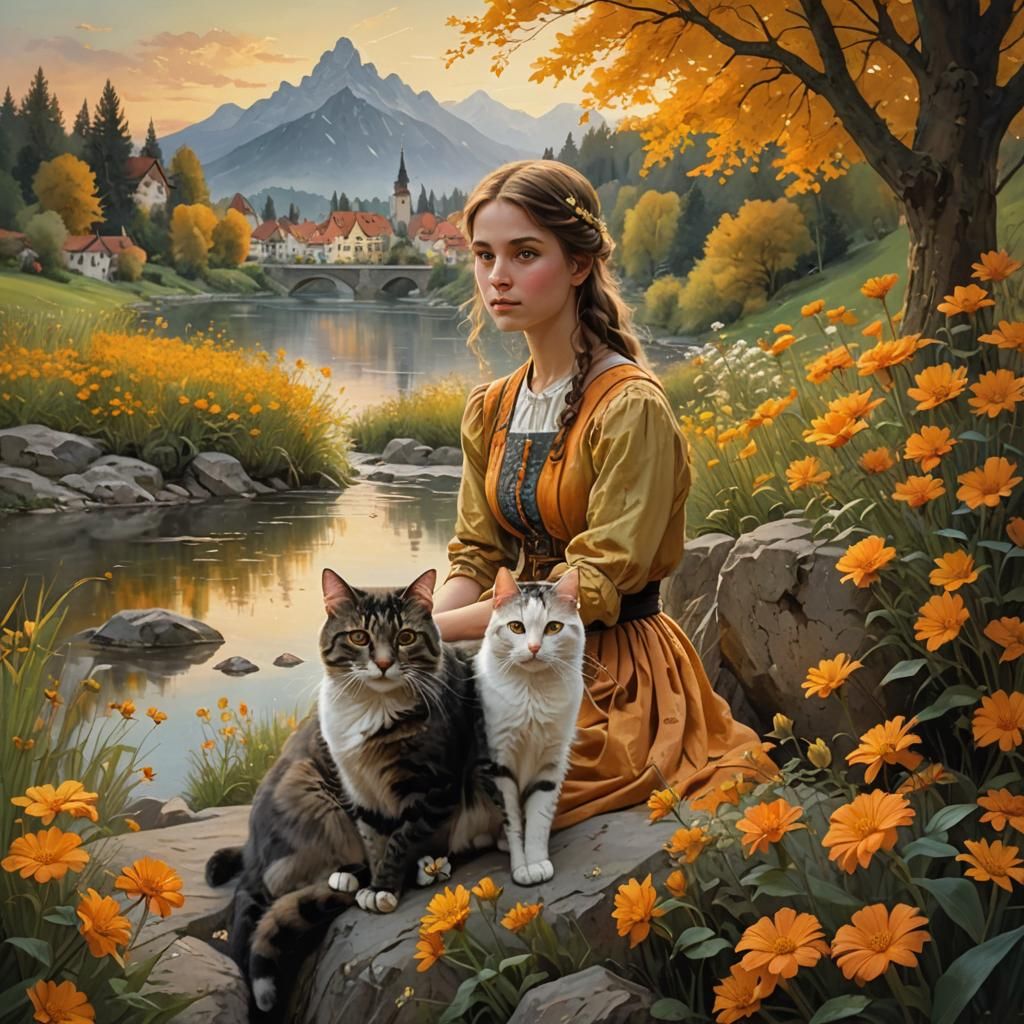 Girl with Cat in Bavarian River Wonderland