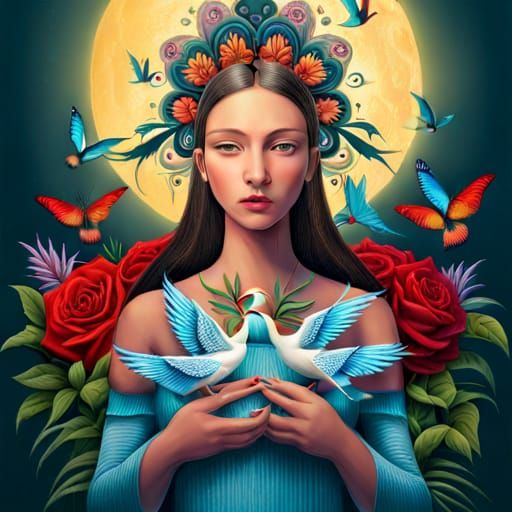 Fairytale Girl with Birds and Flowers in Magic Realism