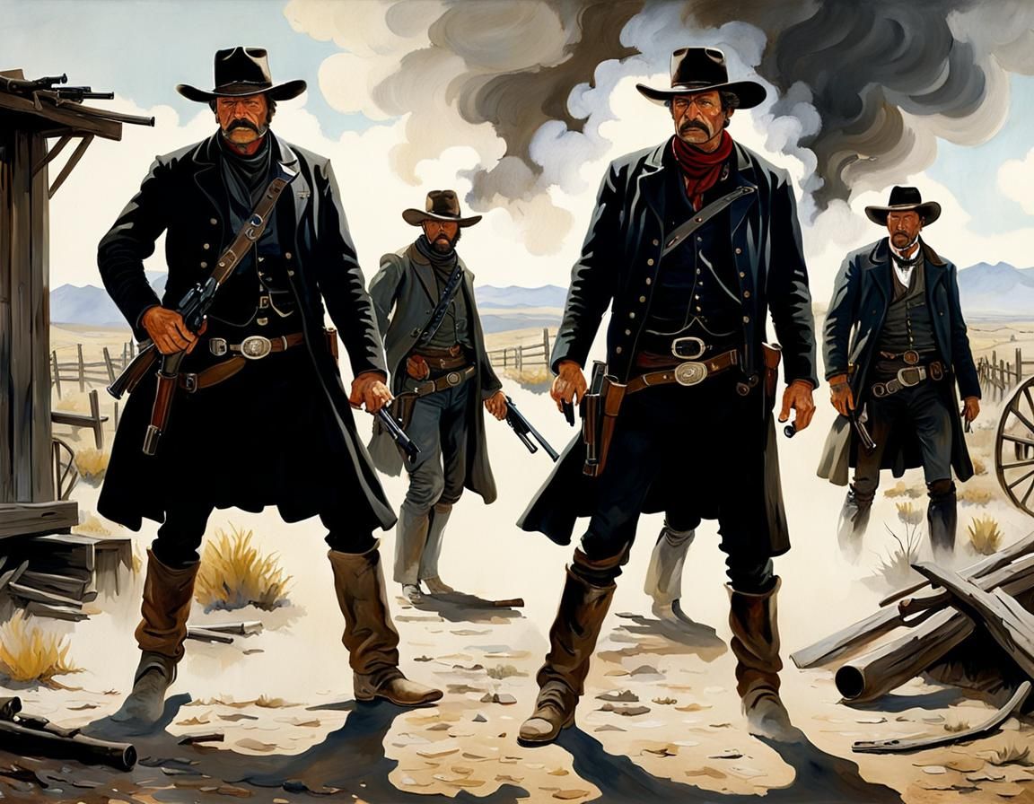 Cowboy Gunslingers Shootout in Western Painting Style