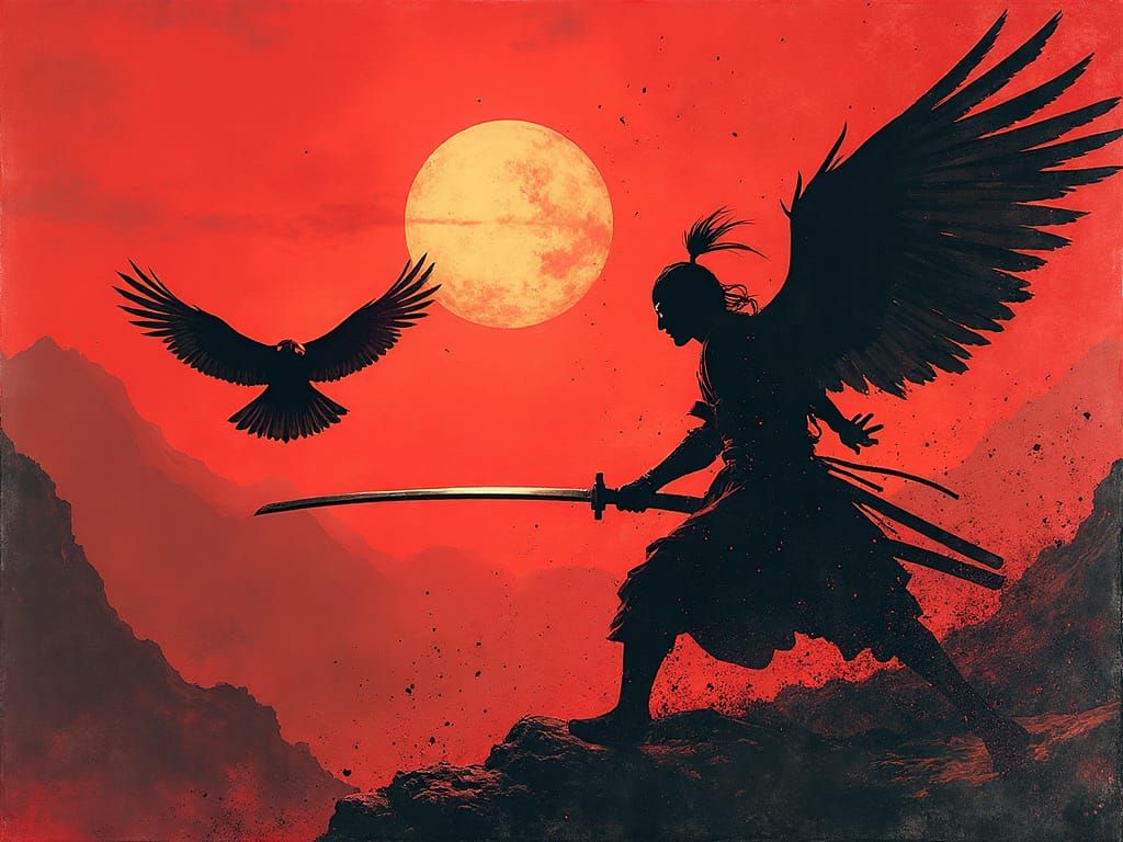 Samurai Training with Falcon in Epic Mountain Scene