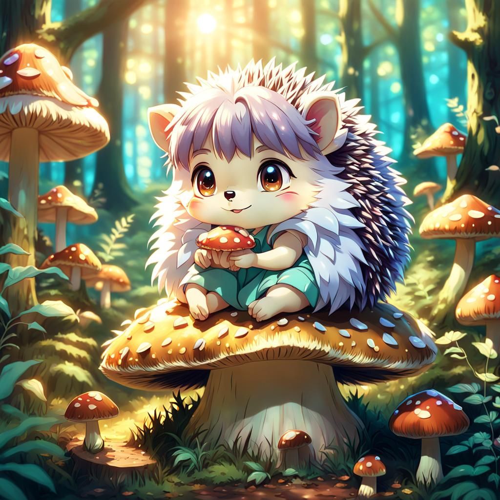 Anime Hedgehog Girl in Forest, Watercolor-Inspired